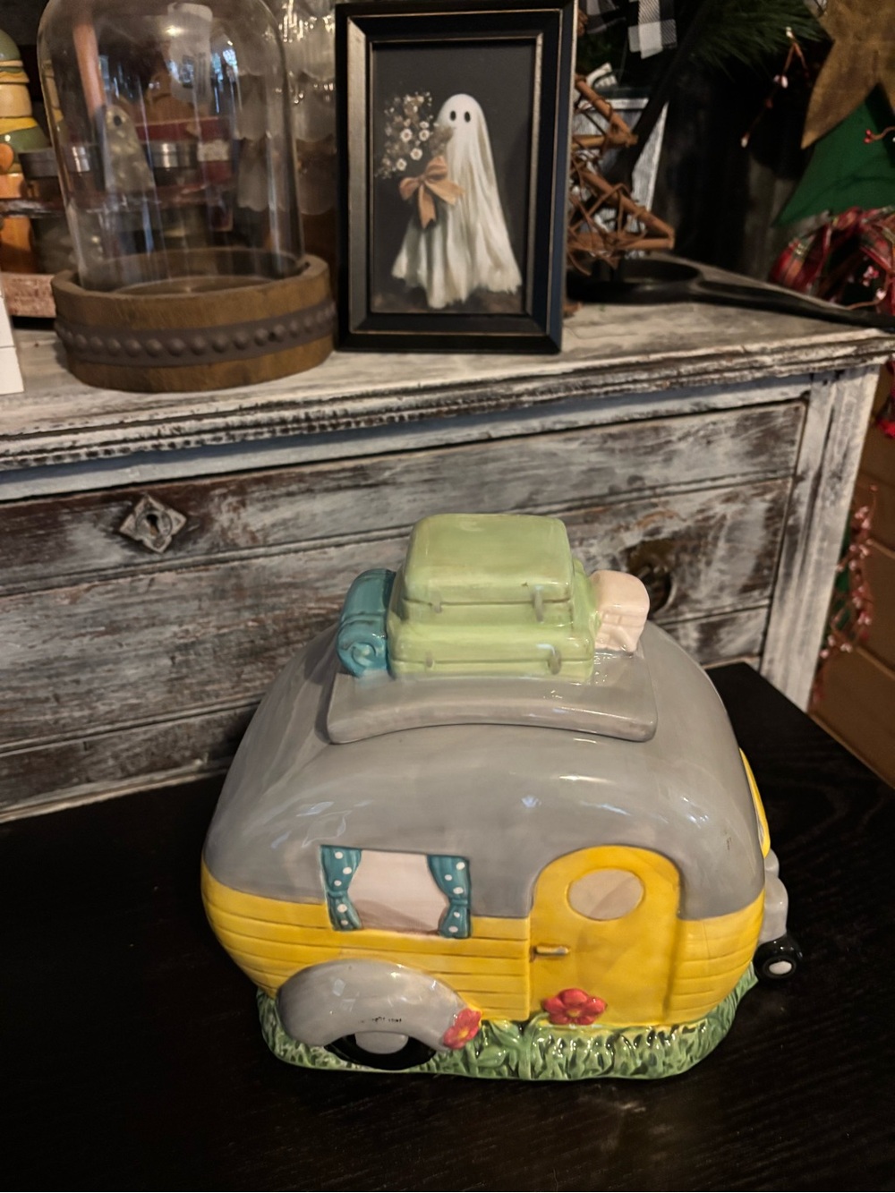 Gray and Yellow Camper Cookie Jar with Teal Accents